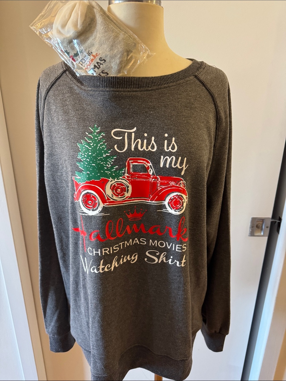 NWOT Hallmark Gray Sweatshirt with Vintage Red Truck Graphic and Hallmark Socks